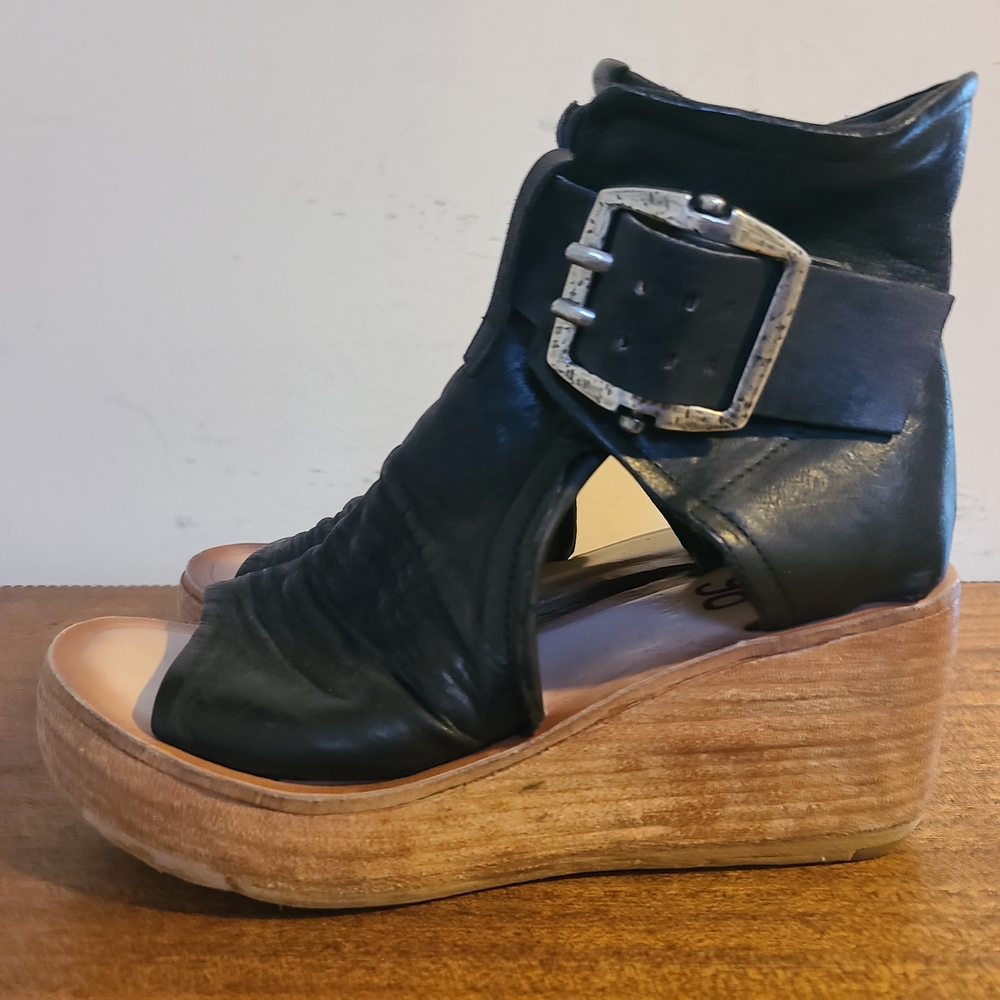 A.S.98 Naya Black Leather Wedge Sandals Size 37 - Picture 4 of 7